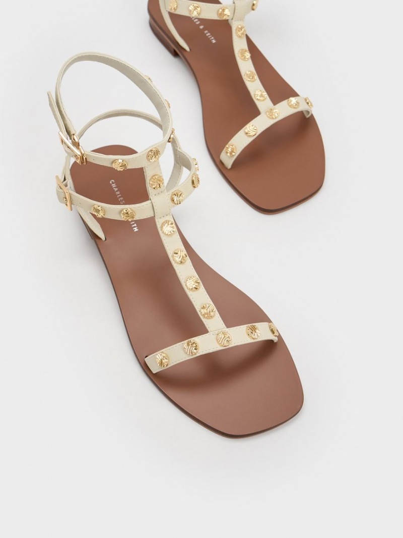 Charles And Keith Studded Gladiator Flat Sandals Cream | PHILIPPINES T143