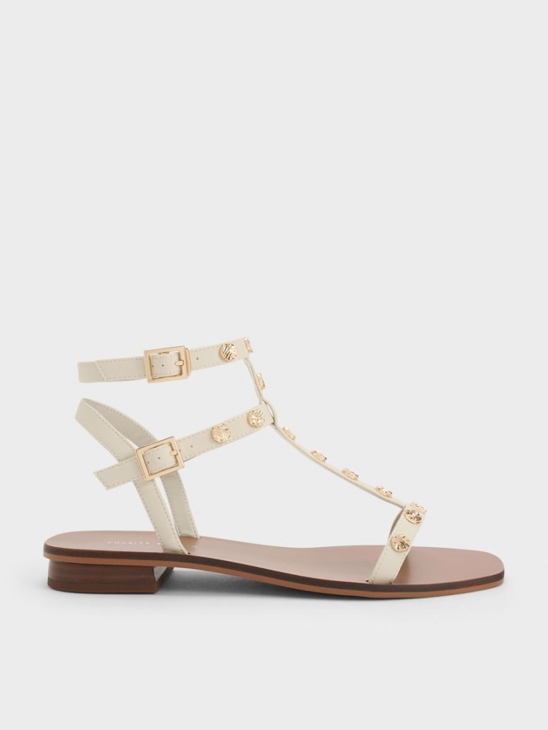 Charles And Keith Studded Gladiator Flat Sandals Cream | PHILIPPINES T143