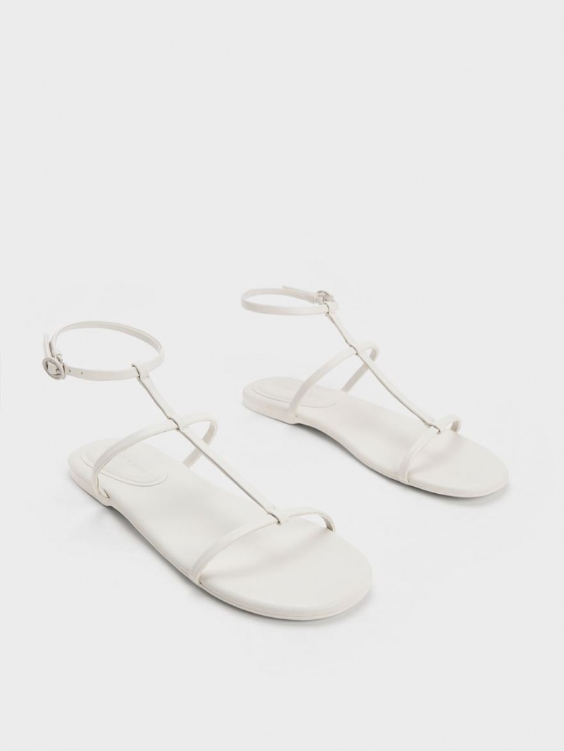 Charles And Keith T-Bar Ankle Strap Sandals White | PHILIPPINES M470