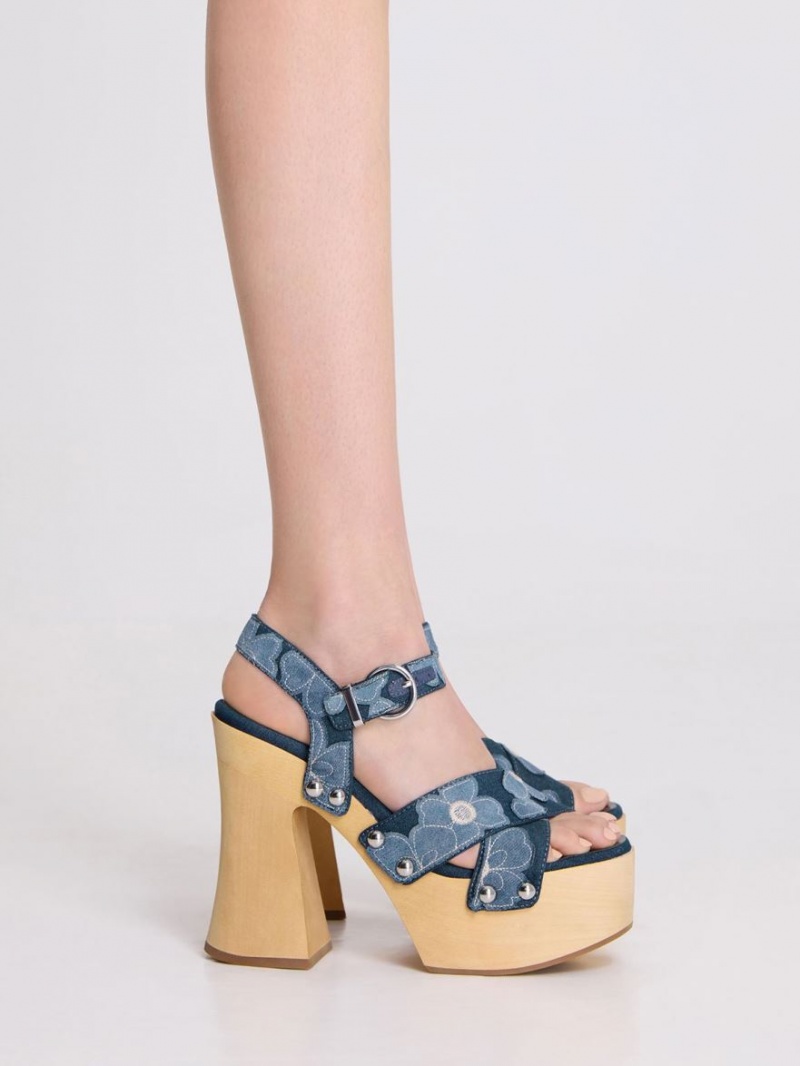 Charles And Keith Tabitha Floral Denim Crossover Platform Sandals Blue | PHILIPPINES B195