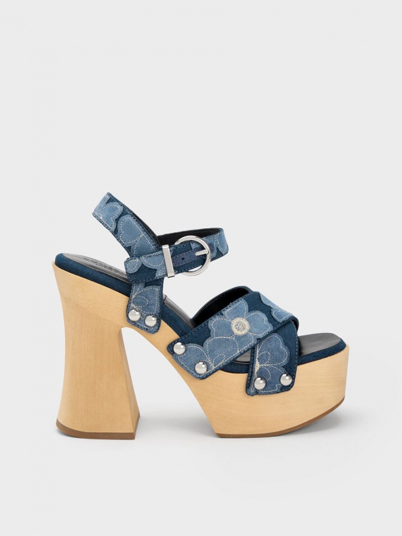 Charles And Keith Tabitha Floral Denim Crossover Platform Sandals Blue | PHILIPPINES B195