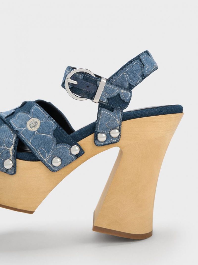 Charles And Keith Tabitha Floral Denim Crossover Platform Sandals Blue | PHILIPPINES B195