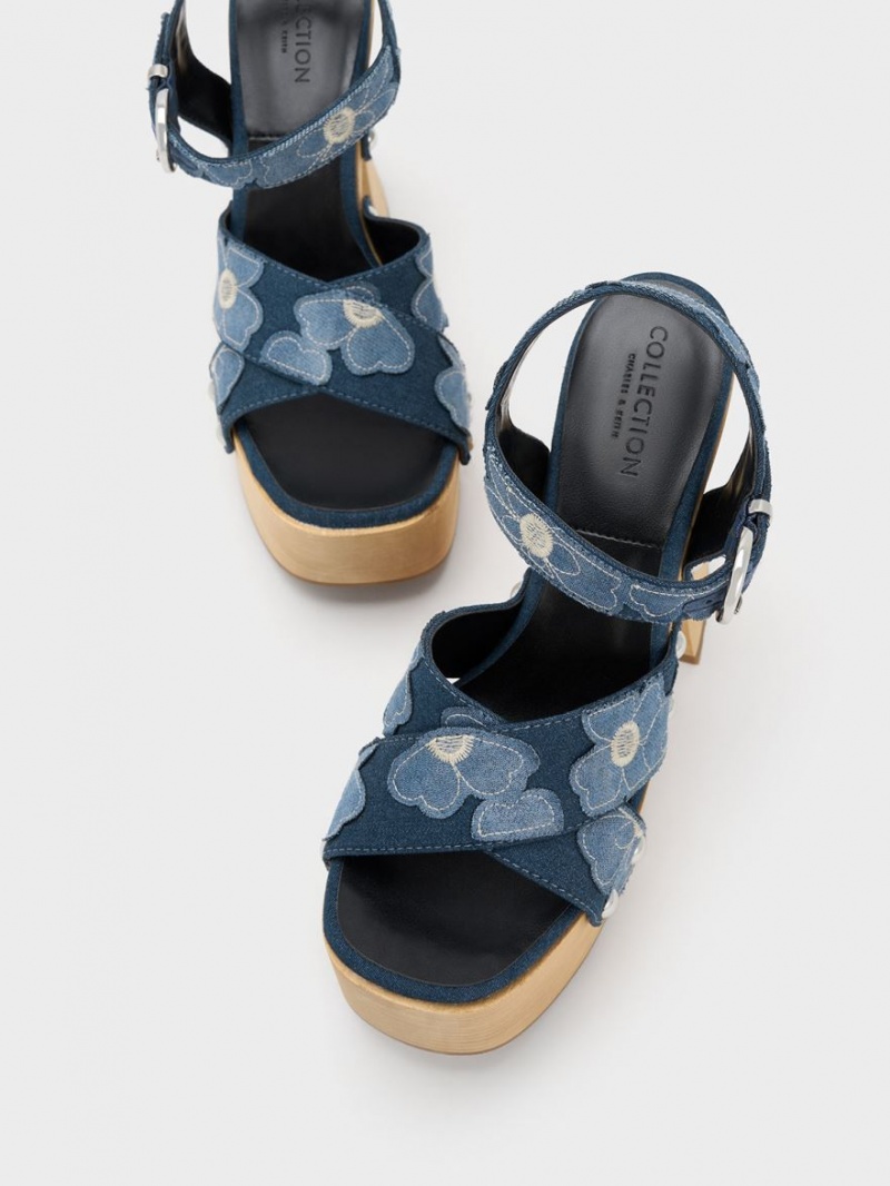 Charles And Keith Tabitha Floral Denim Crossover Platform Sandals Blue | PHILIPPINES B195