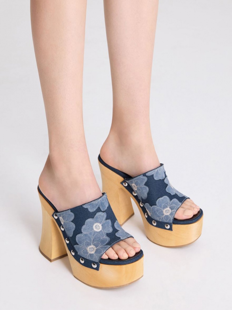 Charles And Keith Tabitha Floral Denim Platform Clogs Blue | PHILIPPINES M726