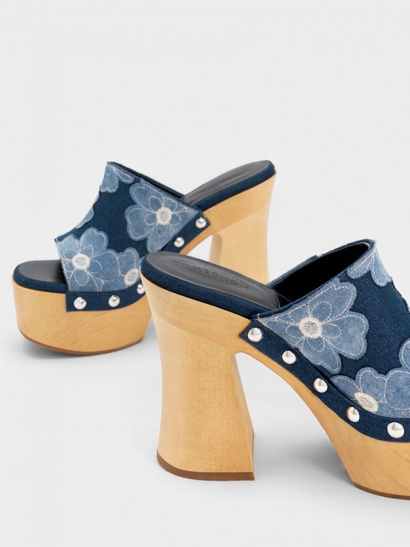 Charles And Keith Tabitha Floral Denim Platform Clogs Blue | PHILIPPINES M726