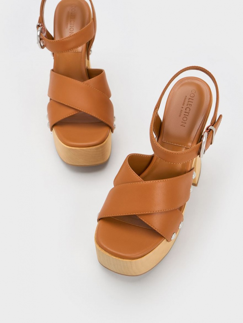 Charles And Keith Tabitha Leather Crossover Platform Sandals Brown | PHILIPPINES F079