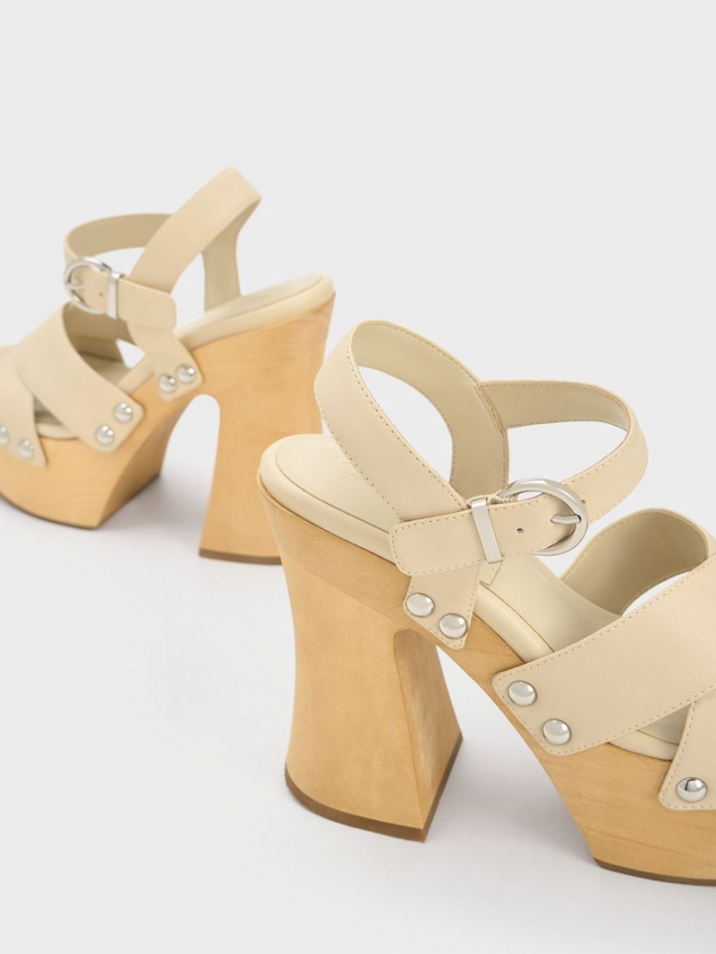 Charles And Keith Tabitha Leather Crossover Platform Sandals Cream | PHILIPPINES L501