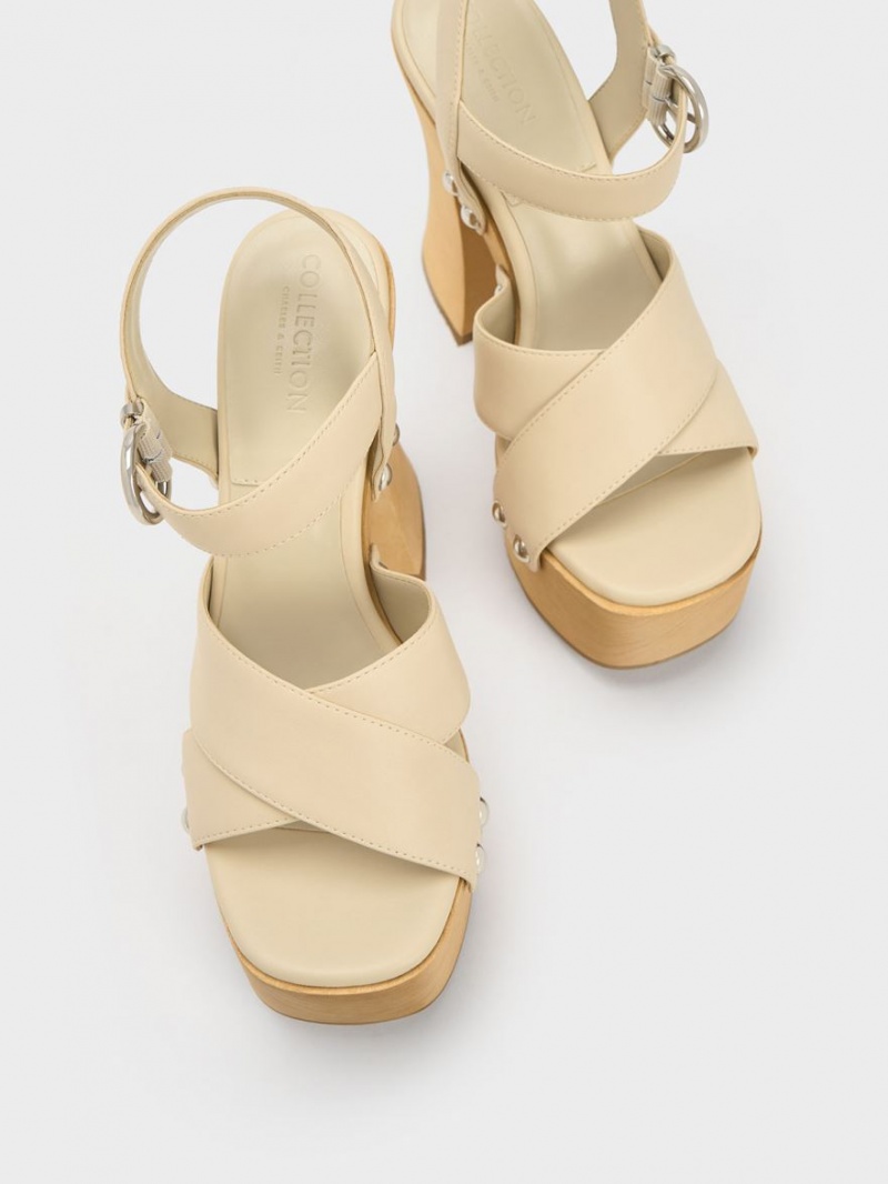 Charles And Keith Tabitha Leather Crossover Platform Sandals Cream | PHILIPPINES L501