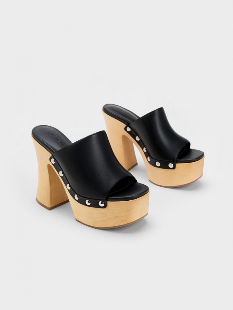 Charles And Keith Tabitha Leather Platform Clogs Black | PHILIPPINES T206