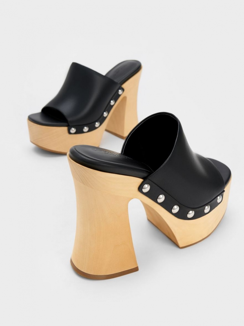 Charles And Keith Tabitha Leather Platform Clogs Black | PHILIPPINES T206