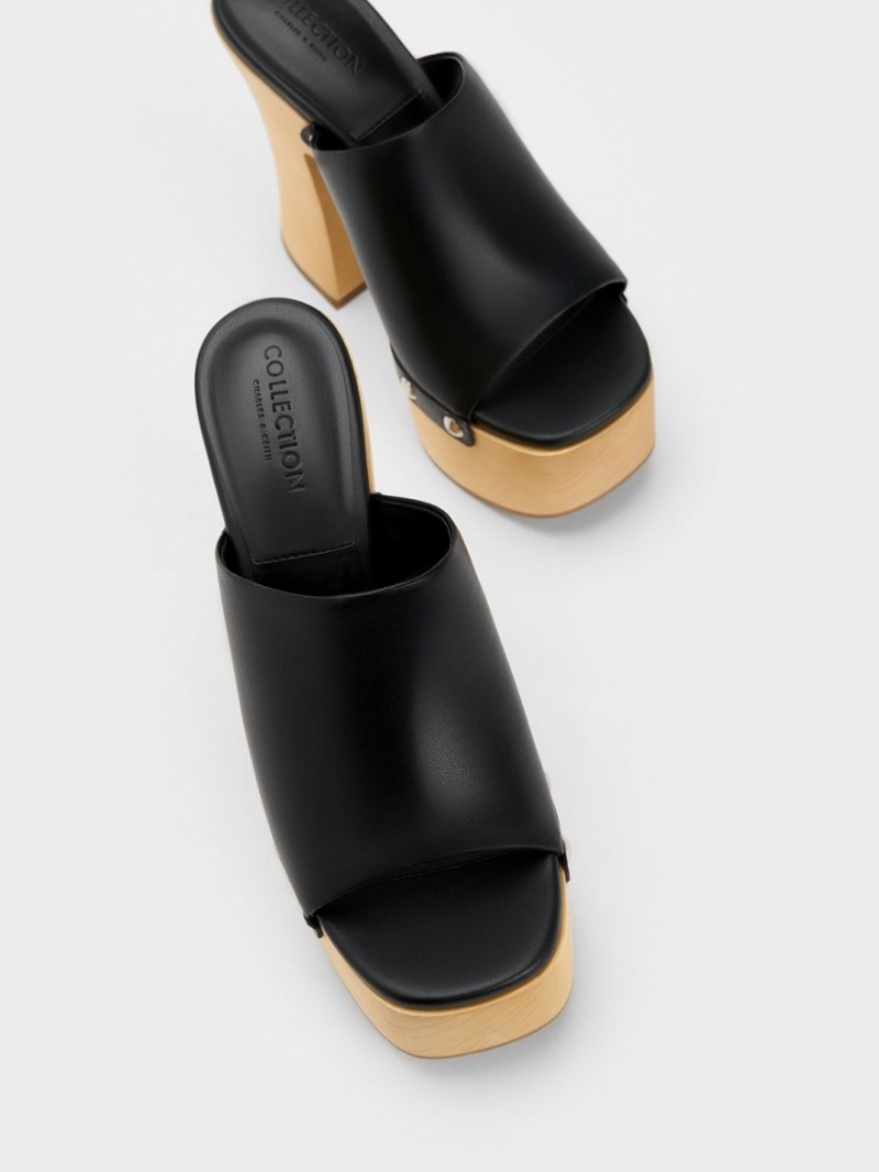 Charles And Keith Tabitha Leather Platform Clogs Black | PHILIPPINES T206