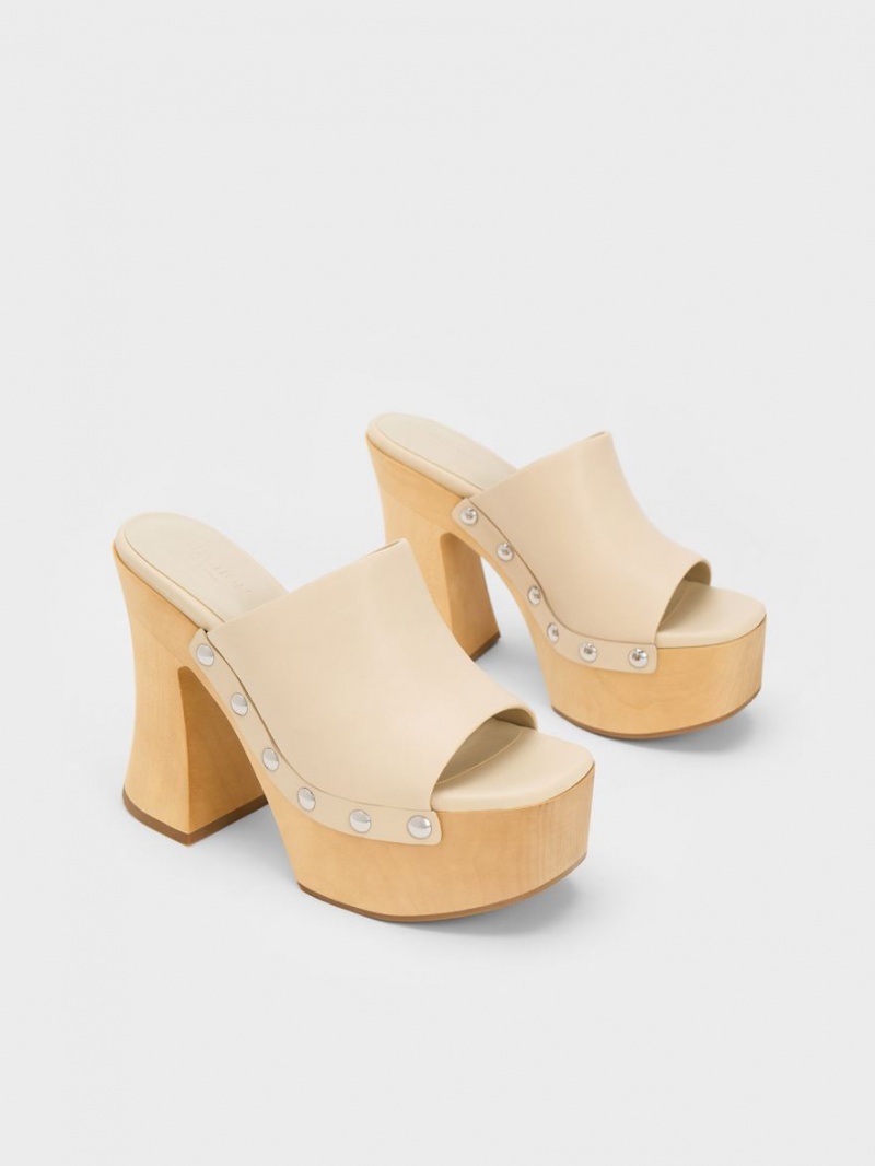 Charles And Keith Tabitha Leather Platform Clogs Beige | PHILIPPINES R903