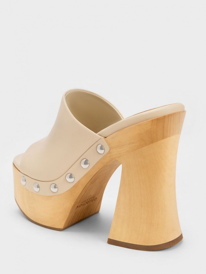 Charles And Keith Tabitha Leather Platform Clogs Beige | PHILIPPINES R903