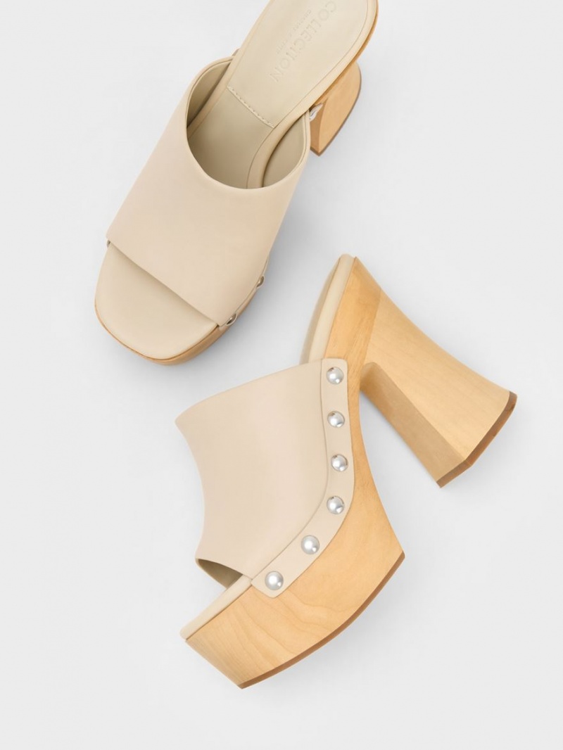 Charles And Keith Tabitha Leather Platform Clogs Beige | PHILIPPINES R903