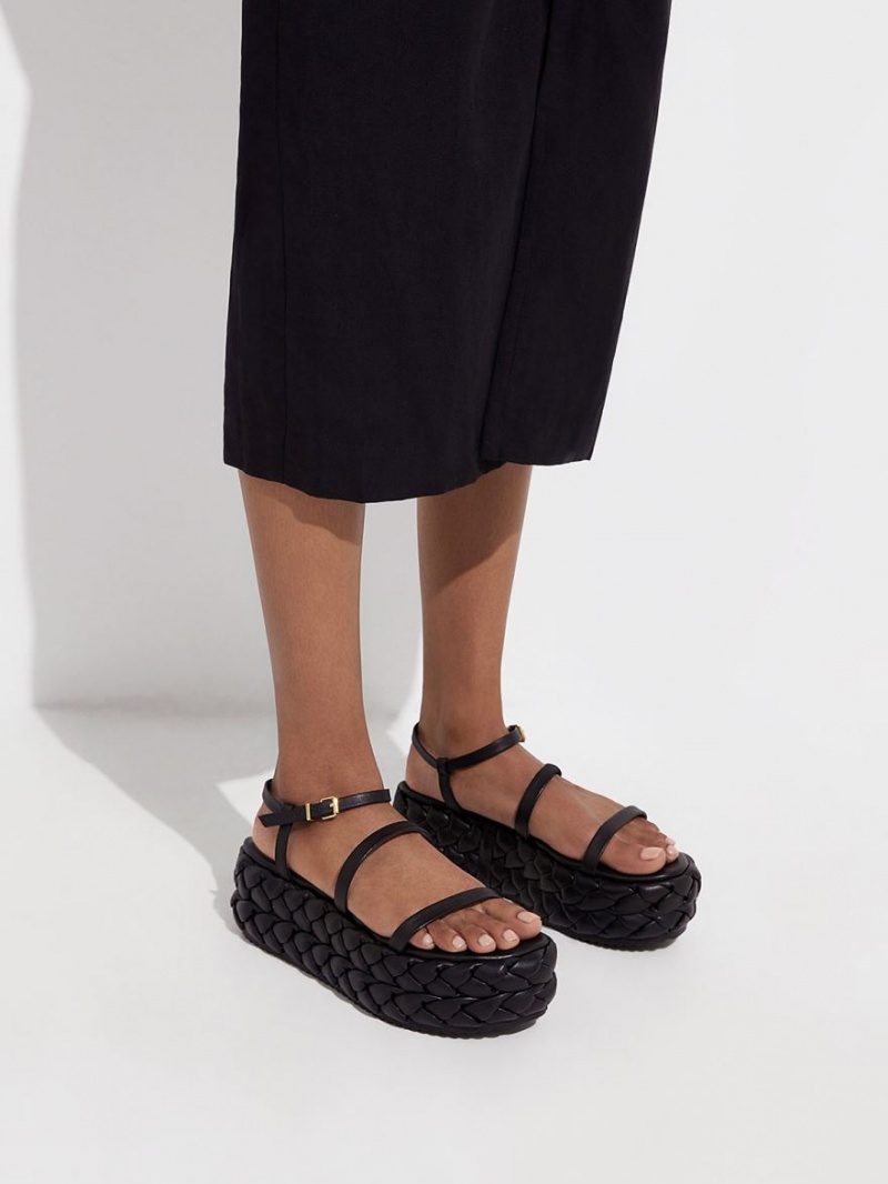 Charles And Keith Tali Leather Braided Platform Sandals Black | PHILIPPINES U375