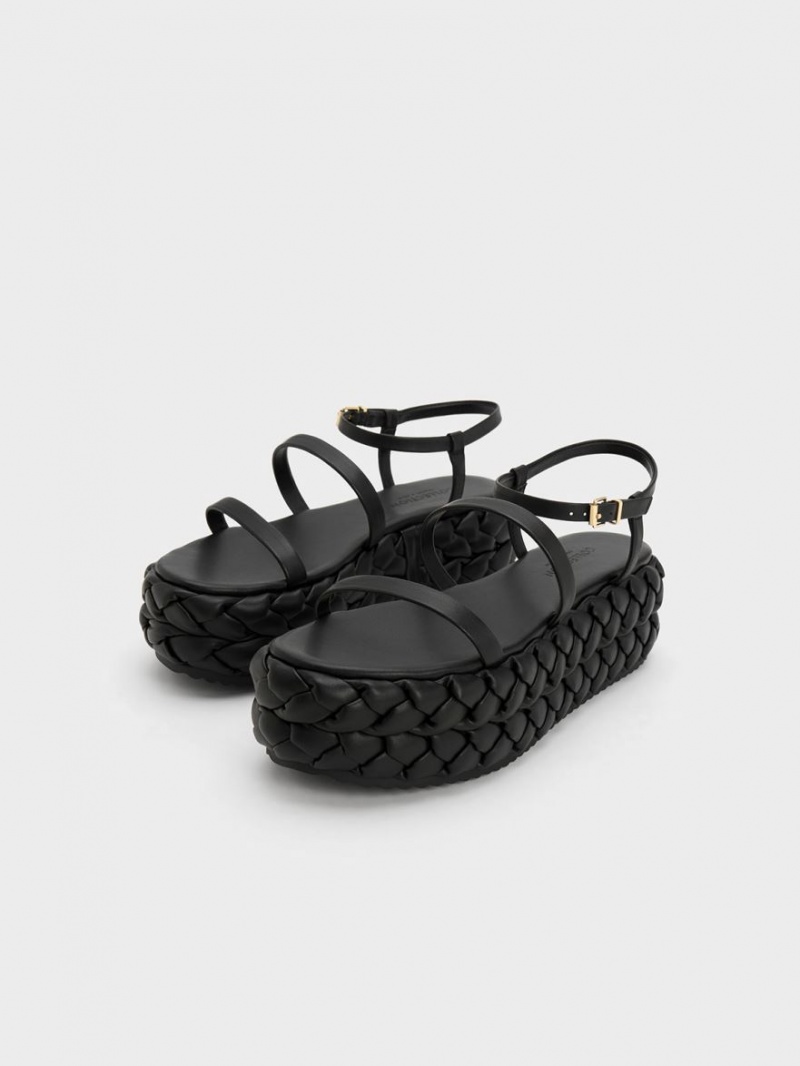 Charles And Keith Tali Leather Braided Platform Sandals Black | PHILIPPINES U375