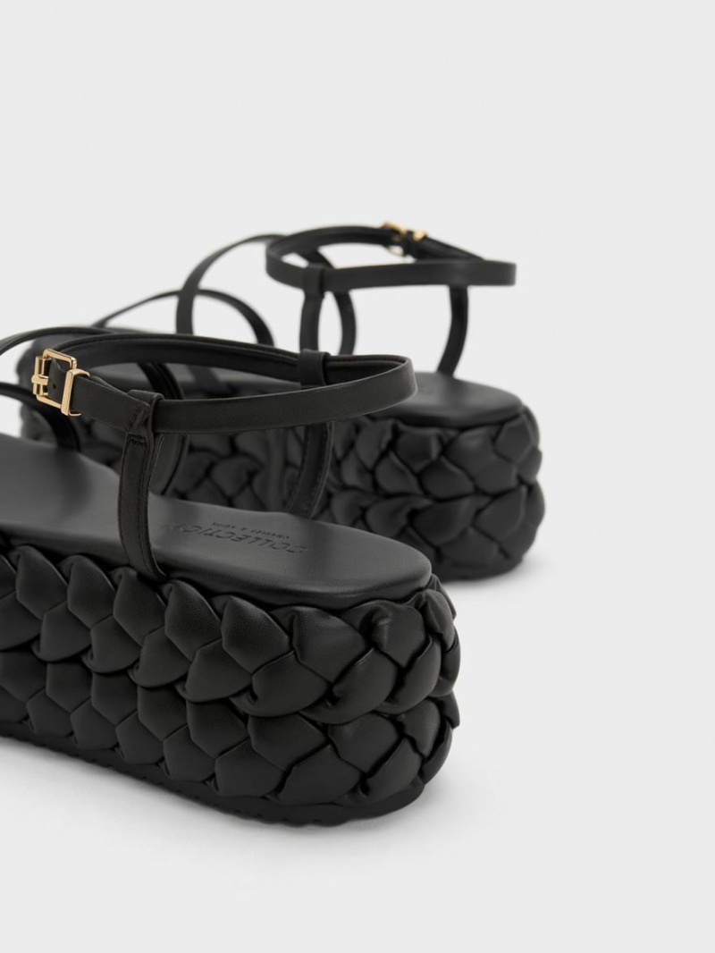 Charles And Keith Tali Leather Braided Platform Sandals Black | PHILIPPINES U375