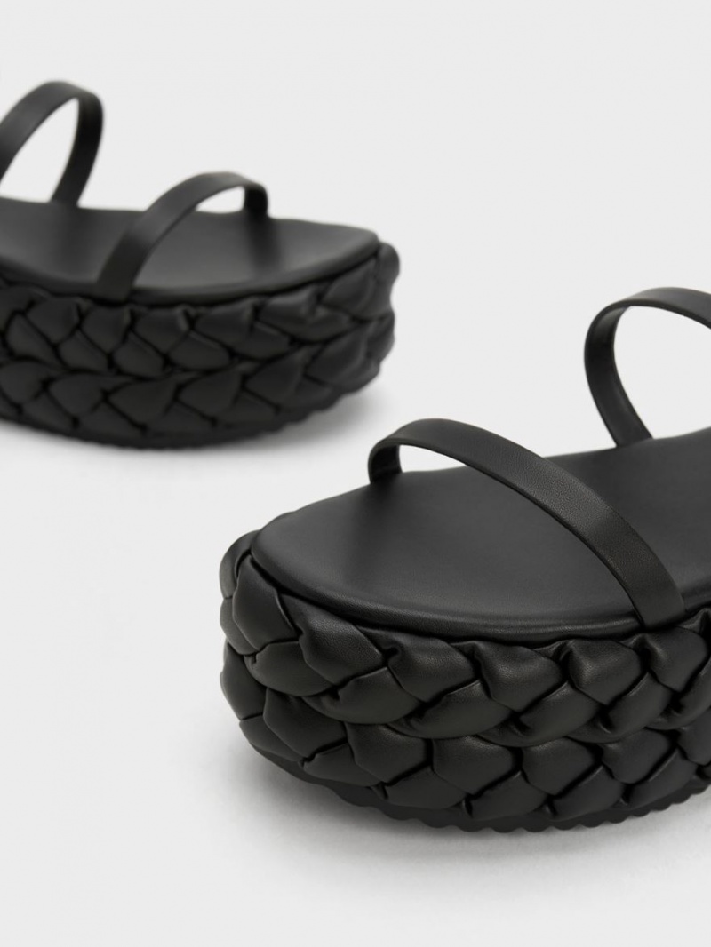 Charles And Keith Tali Leather Braided Platform Sandals Black | PHILIPPINES U375