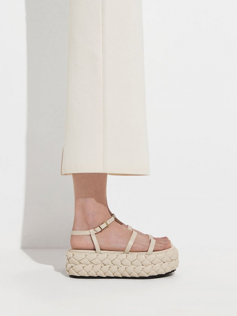 Charles And Keith Tali Leather Braided Platform Sandals White | PHILIPPINES N958