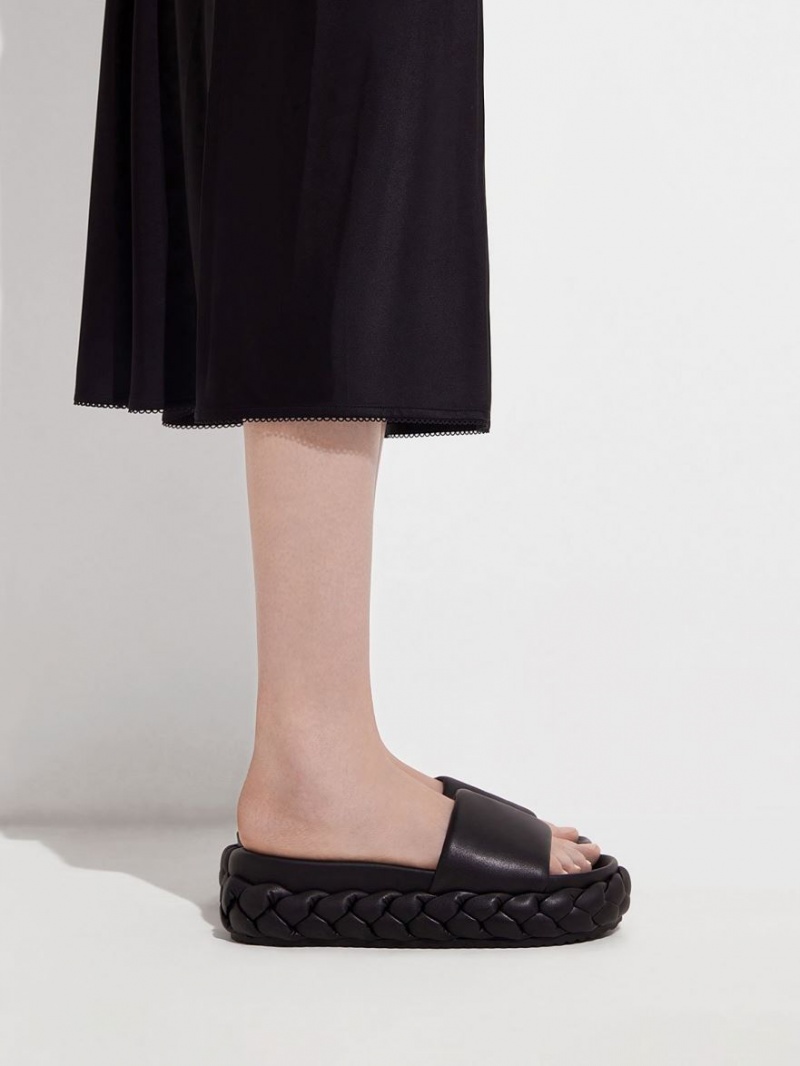 Charles And Keith Tali Leather Braided Slides Black | PHILIPPINES B120