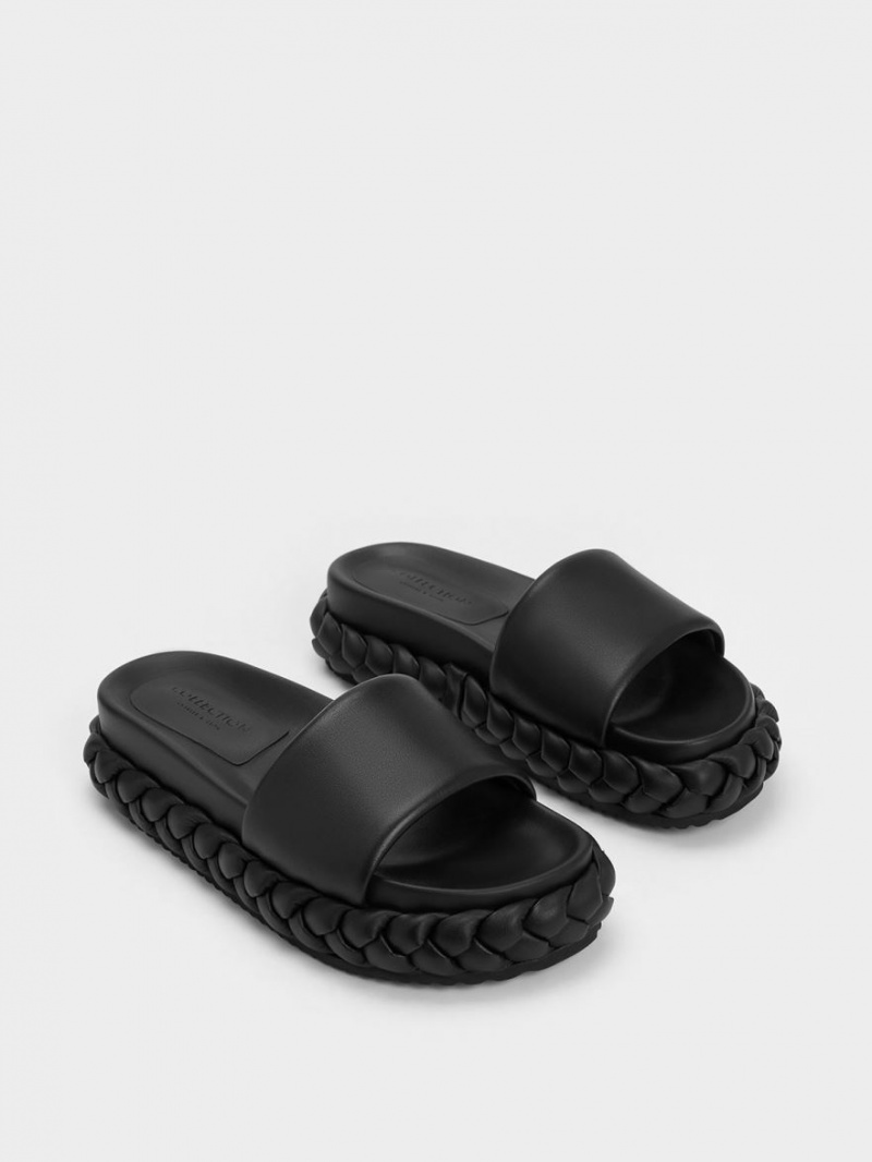 Charles And Keith Tali Leather Braided Slides Black | PHILIPPINES B120