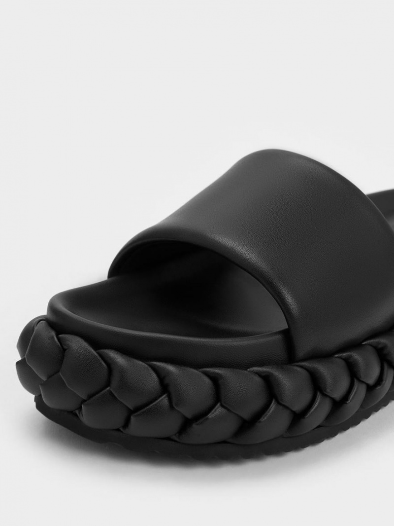 Charles And Keith Tali Leather Braided Slides Black | PHILIPPINES B120