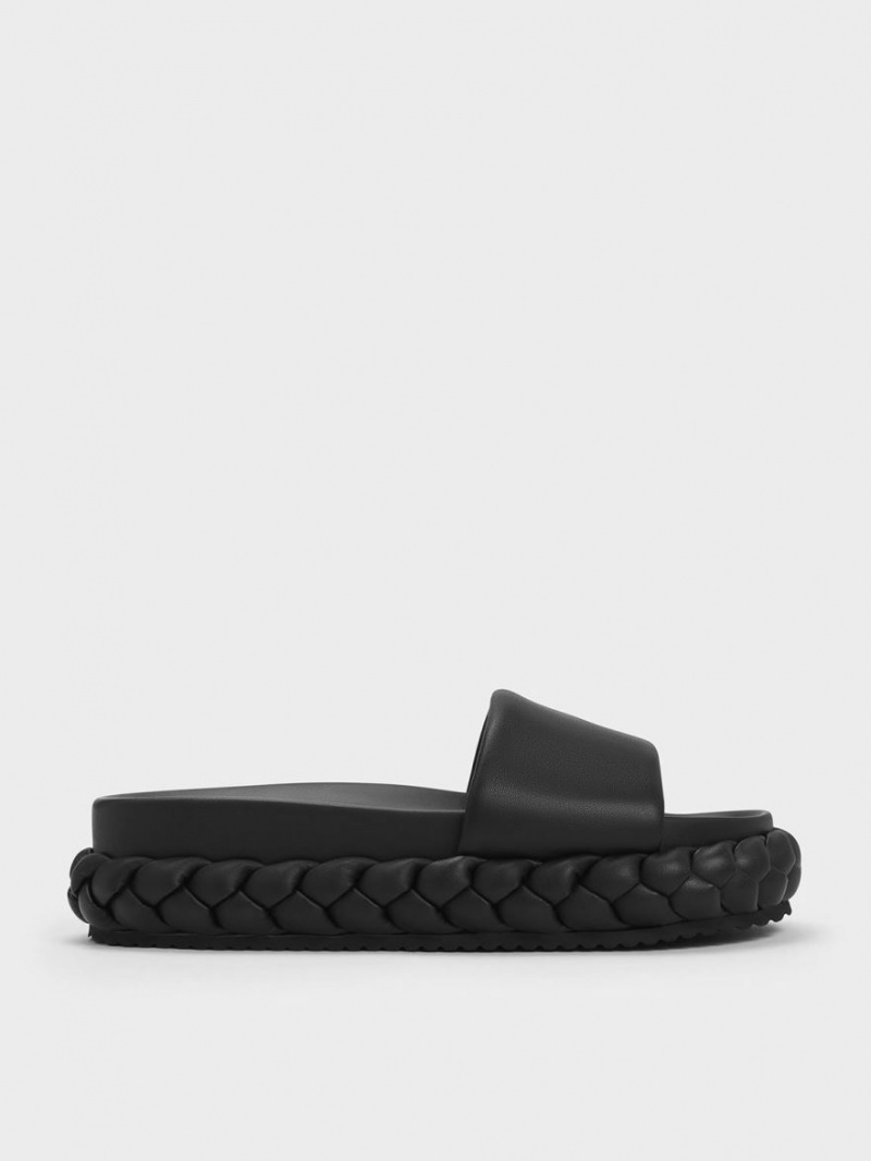 Charles And Keith Tali Leather Braided Slides Black | PHILIPPINES B120