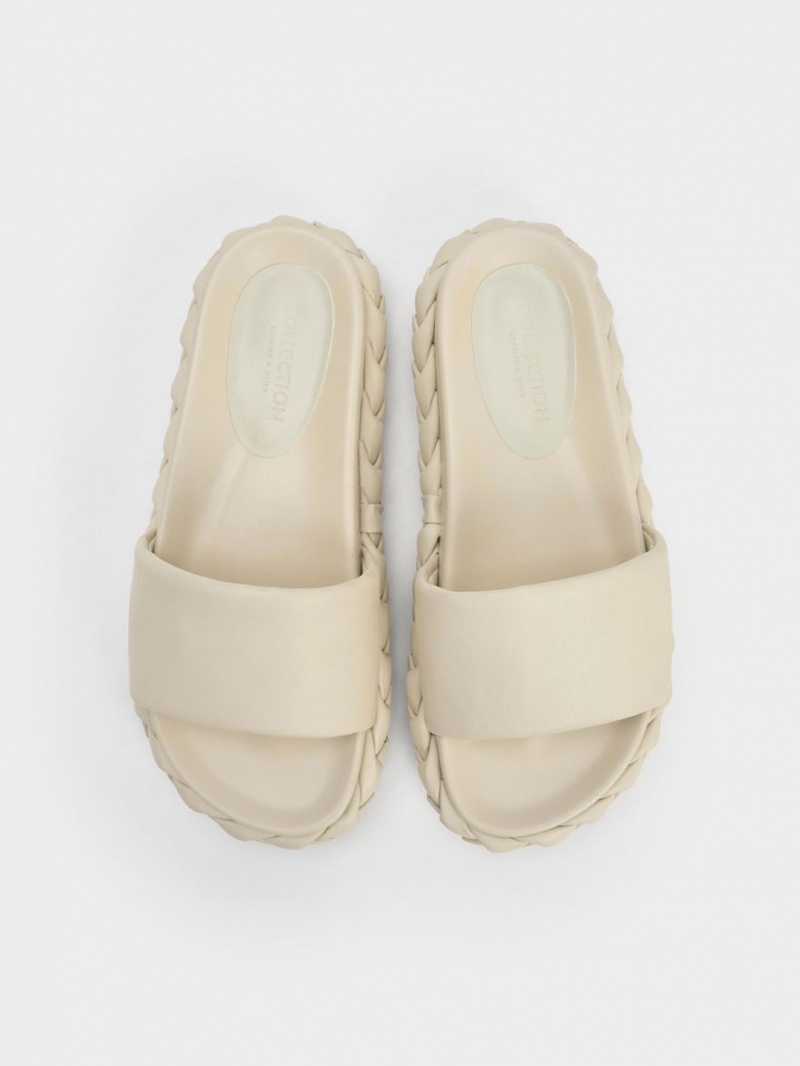 Charles And Keith Tali Leather Braided Slides Beige | PHILIPPINES R109