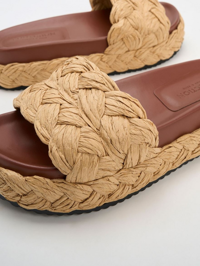 Charles And Keith Tali Raffia Braided Slides Dark Brown | PHILIPPINES P620