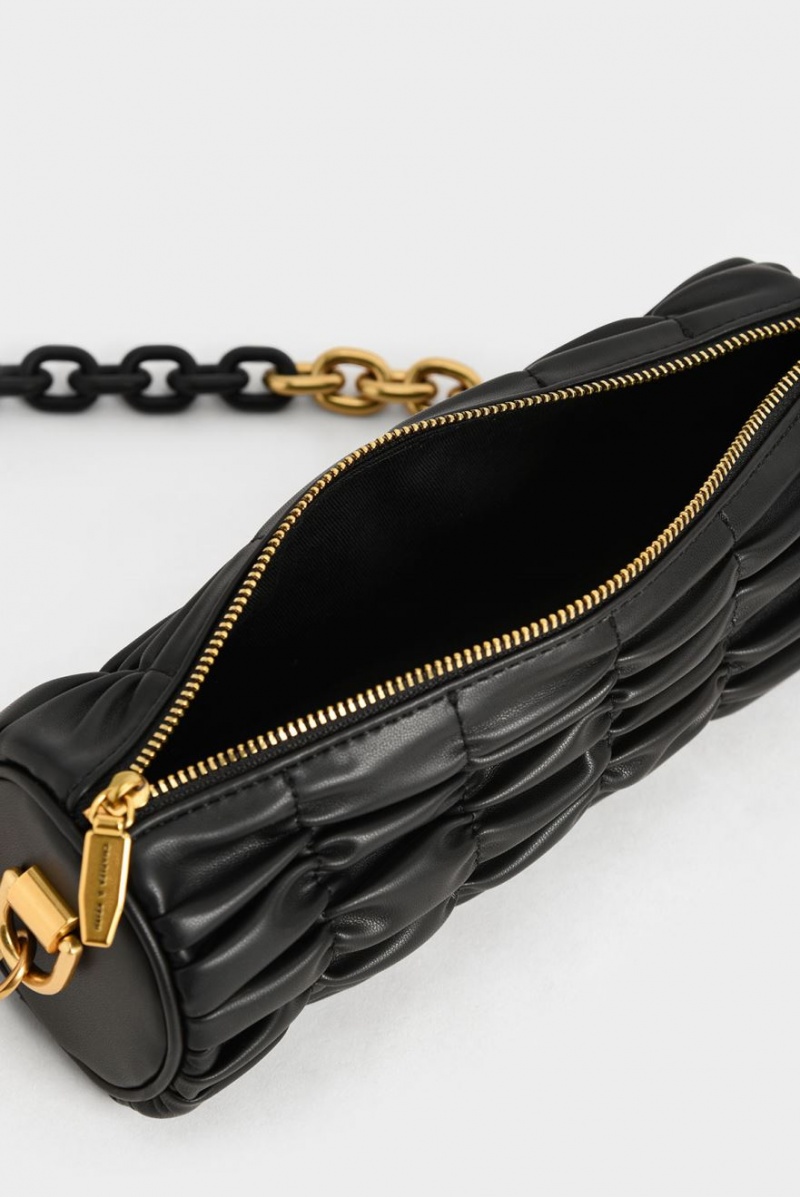 Charles And Keith Tallulah Ruched Chain-Handle Shoulder Bags Black | PHILIPPINES B891