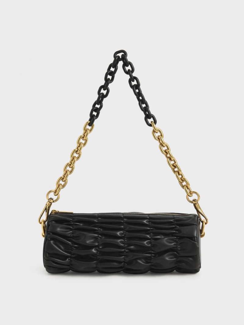 Charles And Keith Tallulah Ruched Chain-Handle Shoulder Bags Black | PHILIPPINES B891