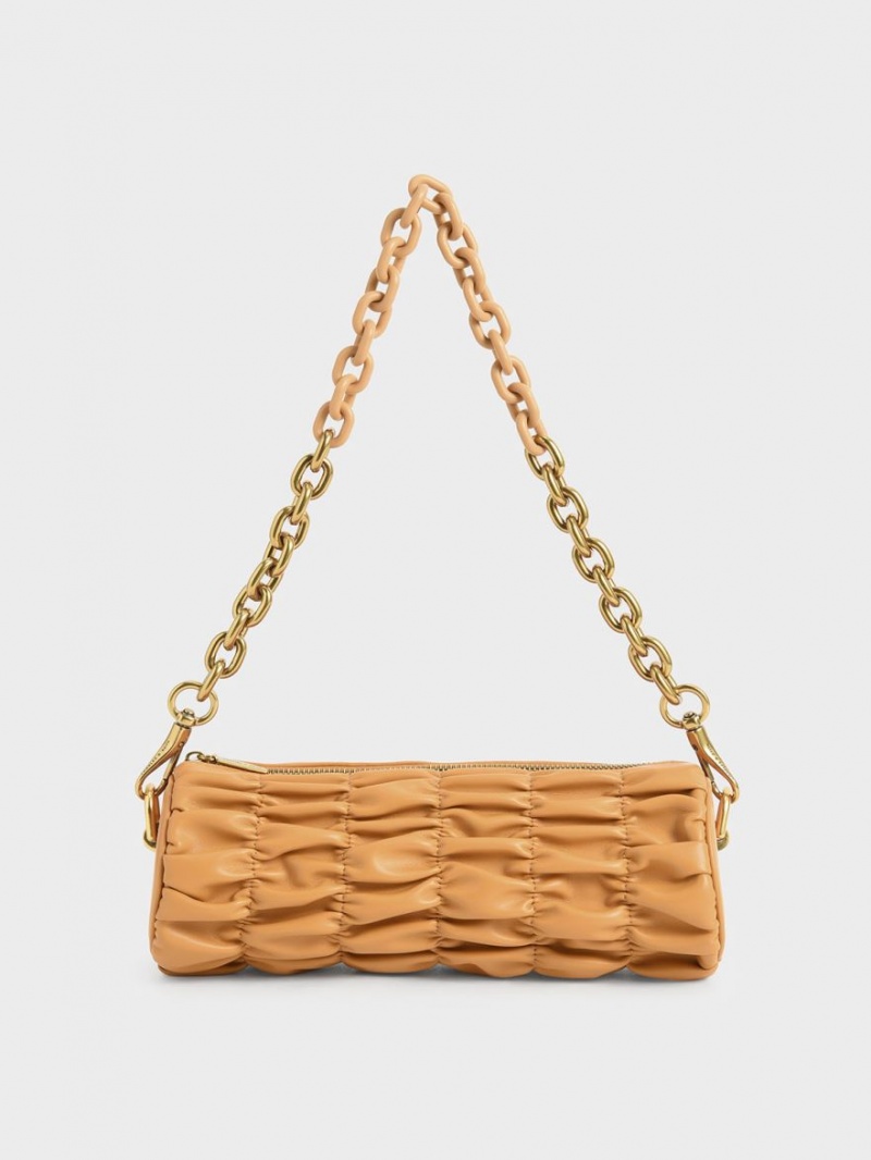 Charles And Keith Tallulah Ruched Chain-Handle Shoulder Bags Orange | PHILIPPINES M908