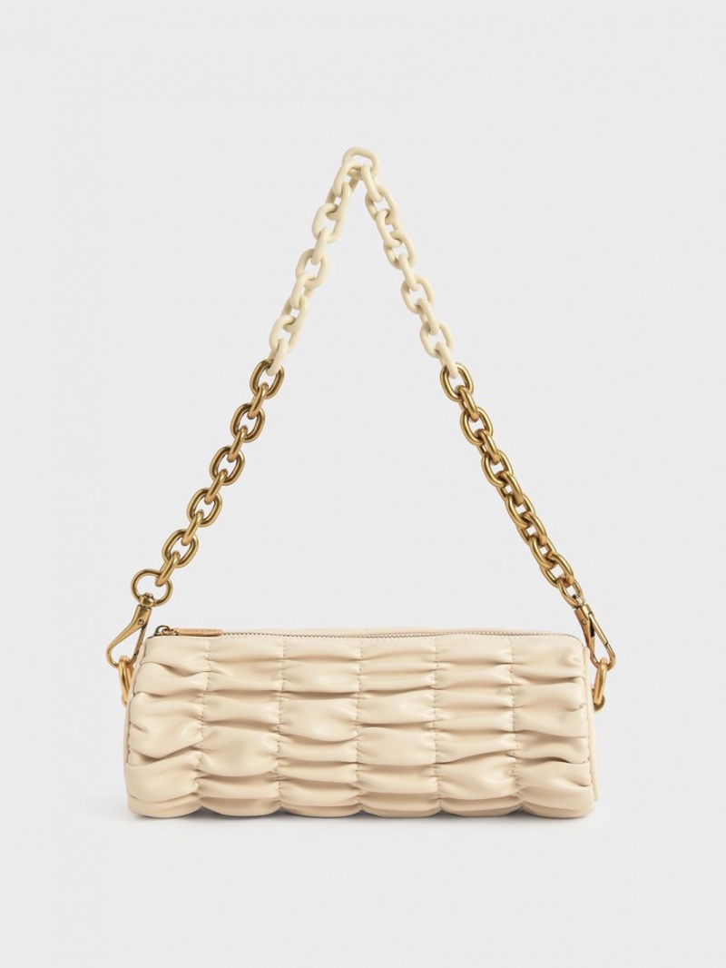 Charles And Keith Tallulah Ruched Chain-Handle Shoulder Bags Beige | PHILIPPINES X275