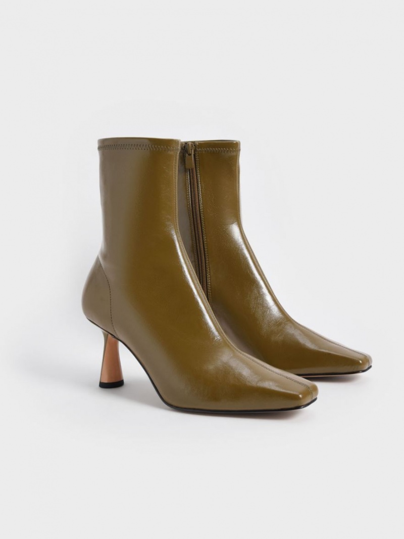 Charles And Keith Tapered Square-Toe Ankle Boots Olive | PHILIPPINES Z418