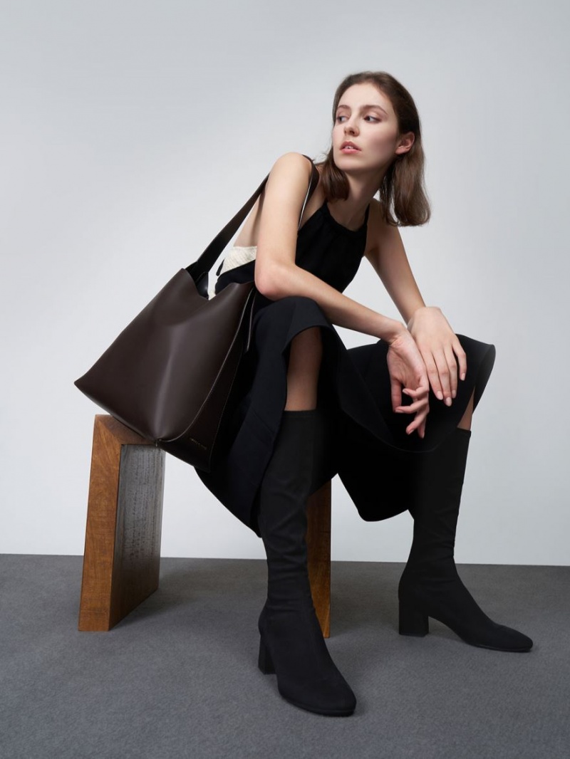 Charles And Keith Textured Block Heel Knee-high Boots Black | PHILIPPINES L627