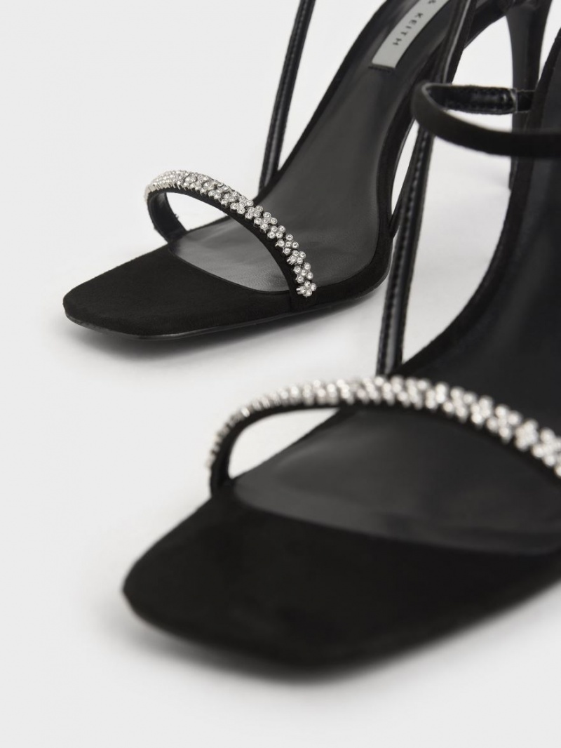 Charles And Keith Textured Gem-Embellished Strap Sandals Black | PHILIPPINES P903