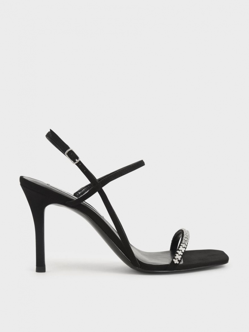 Charles And Keith Textured Gem-Embellished Strap Sandals Black | PHILIPPINES P903