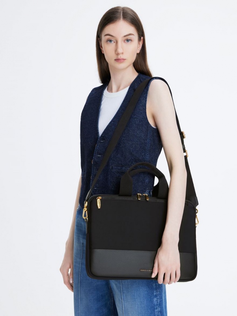 Charles And Keith Textured Laptop Tote Bags Black | PHILIPPINES L792