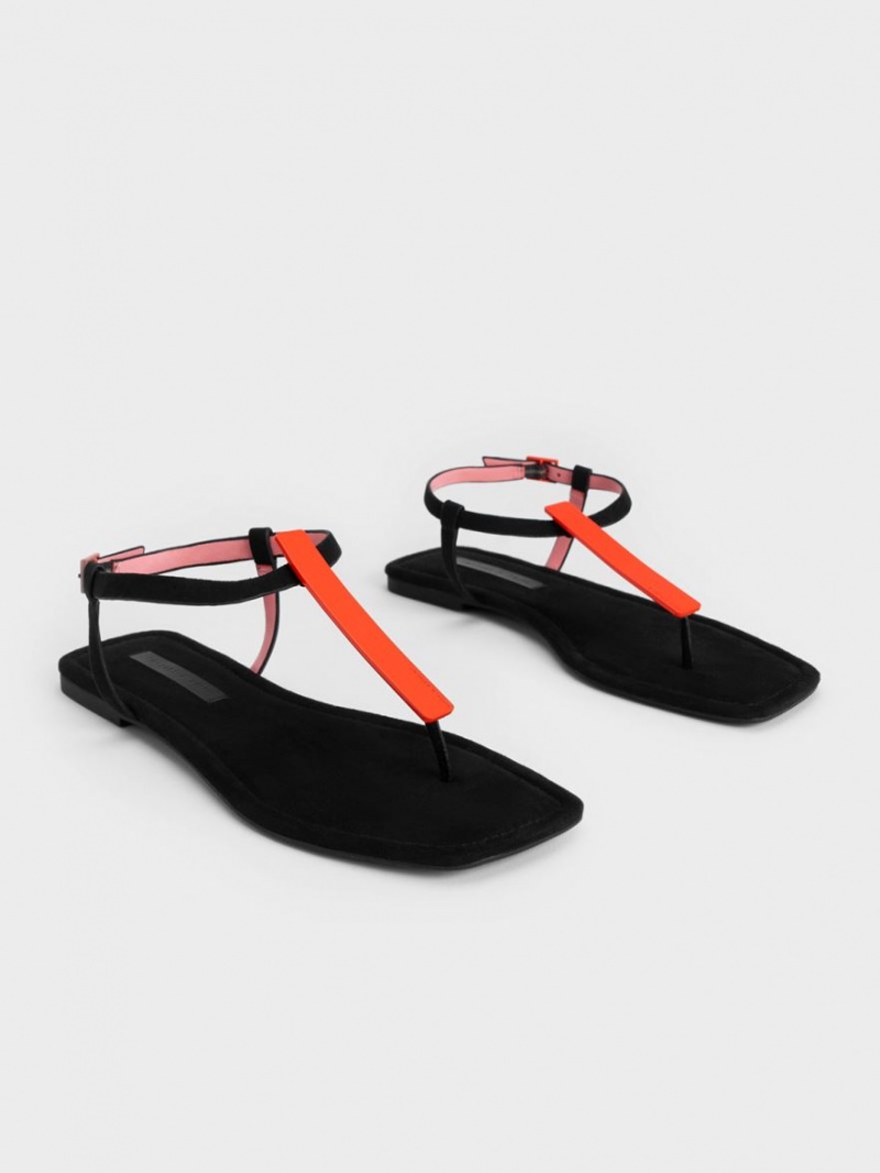 Charles And Keith Textured Metallic Accent T-Bar Thong Flat Sandals Black | PHILIPPINES B096