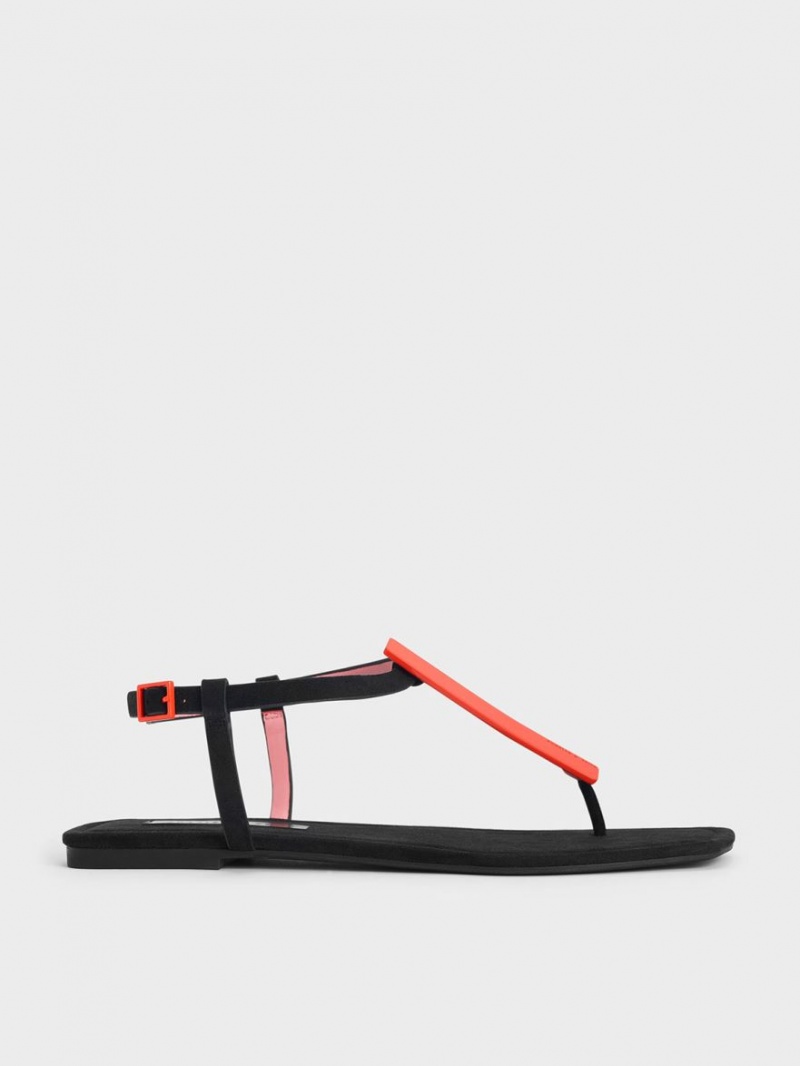 Charles And Keith Textured Metallic Accent T-Bar Thong Flat Sandals Black | PHILIPPINES B096