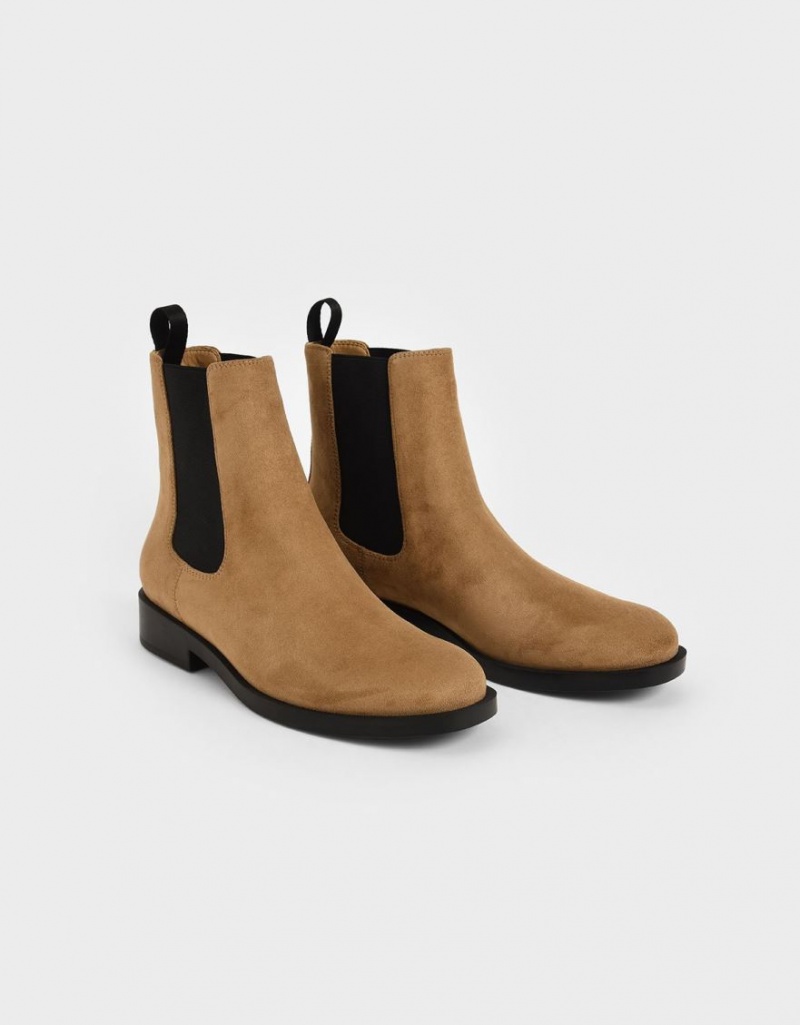 Charles And Keith Textured Round Toe Chelsea Boots Brown | PHILIPPINES C237