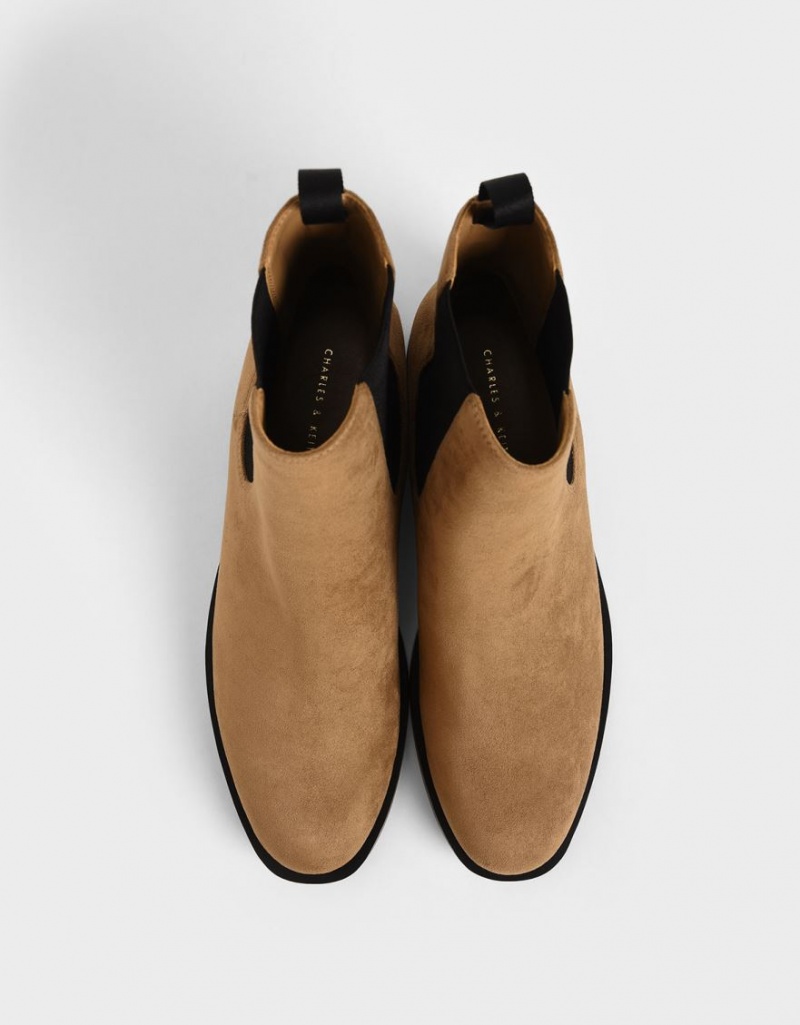 Charles And Keith Textured Round Toe Chelsea Boots Brown | PHILIPPINES C237