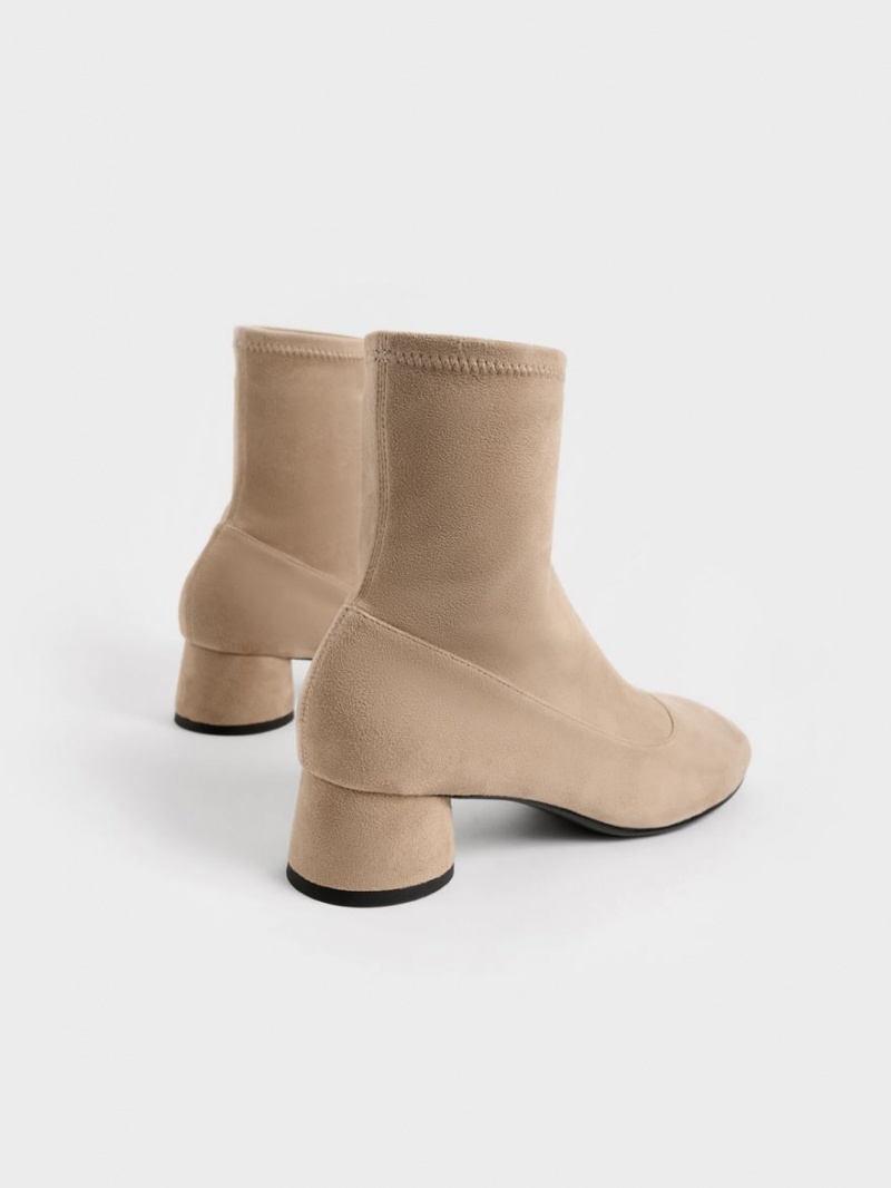 Charles And Keith Textured Stitch-Trim Cylindrical Heel Ankle Boots Beige | PHILIPPINES P659