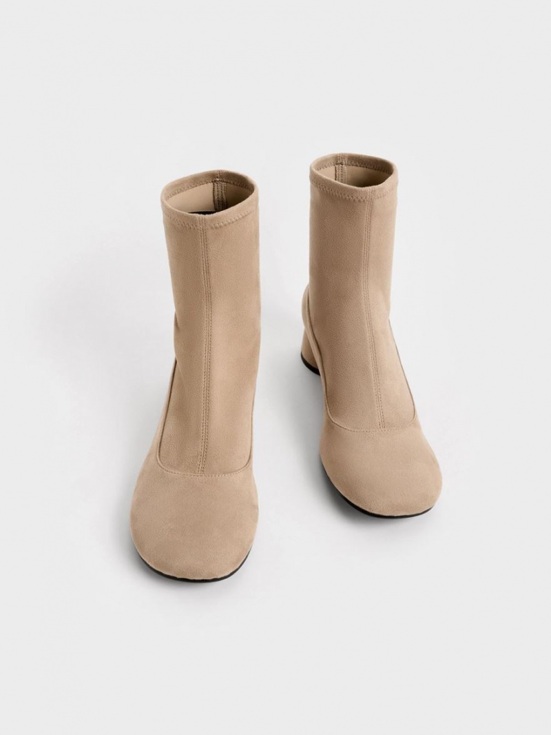 Charles And Keith Textured Stitch-Trim Cylindrical Heel Ankle Boots Beige | PHILIPPINES P659