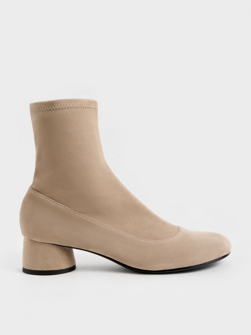 Charles And Keith Textured Stitch-Trim Cylindrical Heel Ankle Boots Beige | PHILIPPINES P659