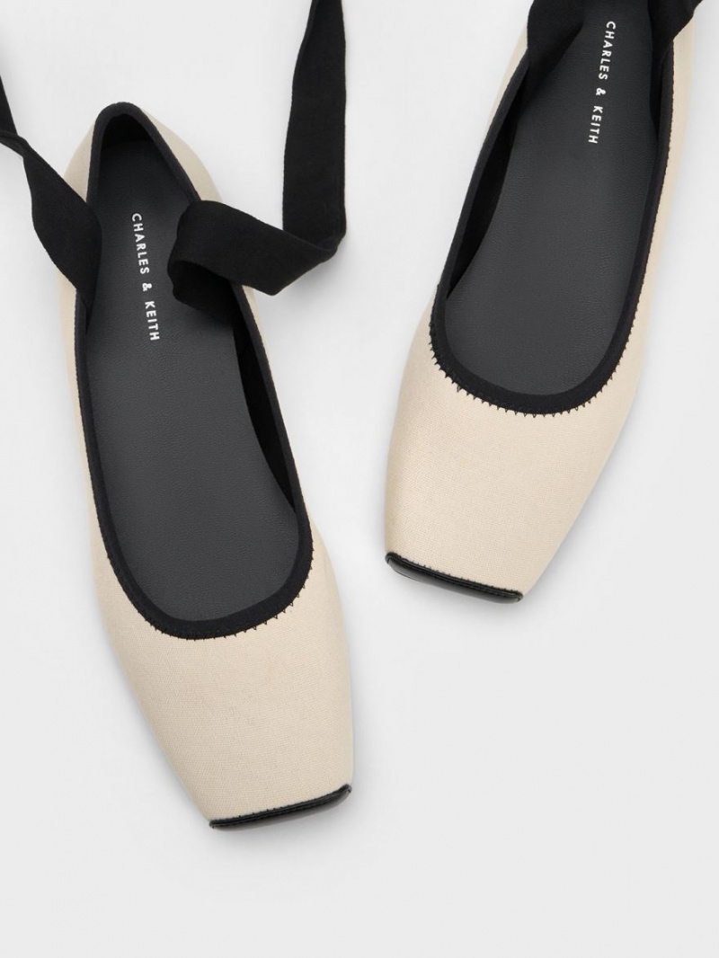 Charles And Keith Tie-Around Canvas Ballet Flats Beige | PHILIPPINES G428