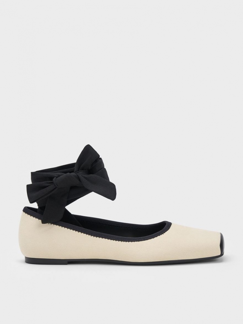 Charles And Keith Tie-Around Canvas Ballet Flats Beige | PHILIPPINES G428