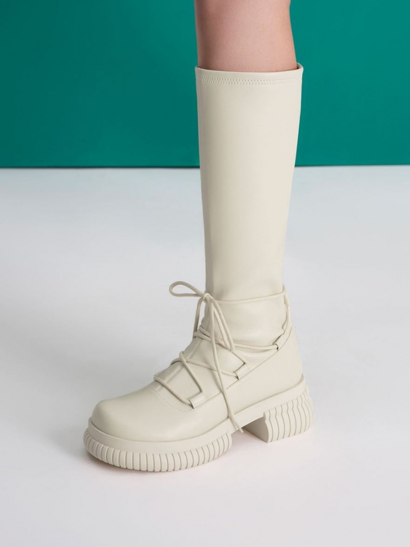 Charles And Keith Tie-Around Knee-high Boots Cream | PHILIPPINES J809