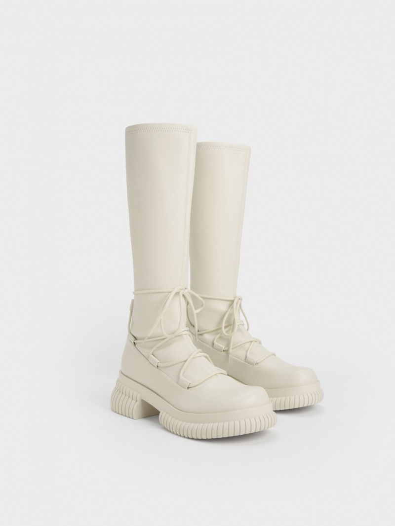 Charles And Keith Tie-Around Knee-high Boots Cream | PHILIPPINES J809