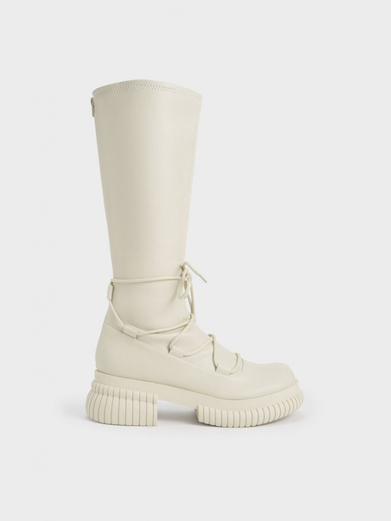 Charles And Keith Tie-Around Knee-high Boots Cream | PHILIPPINES J809